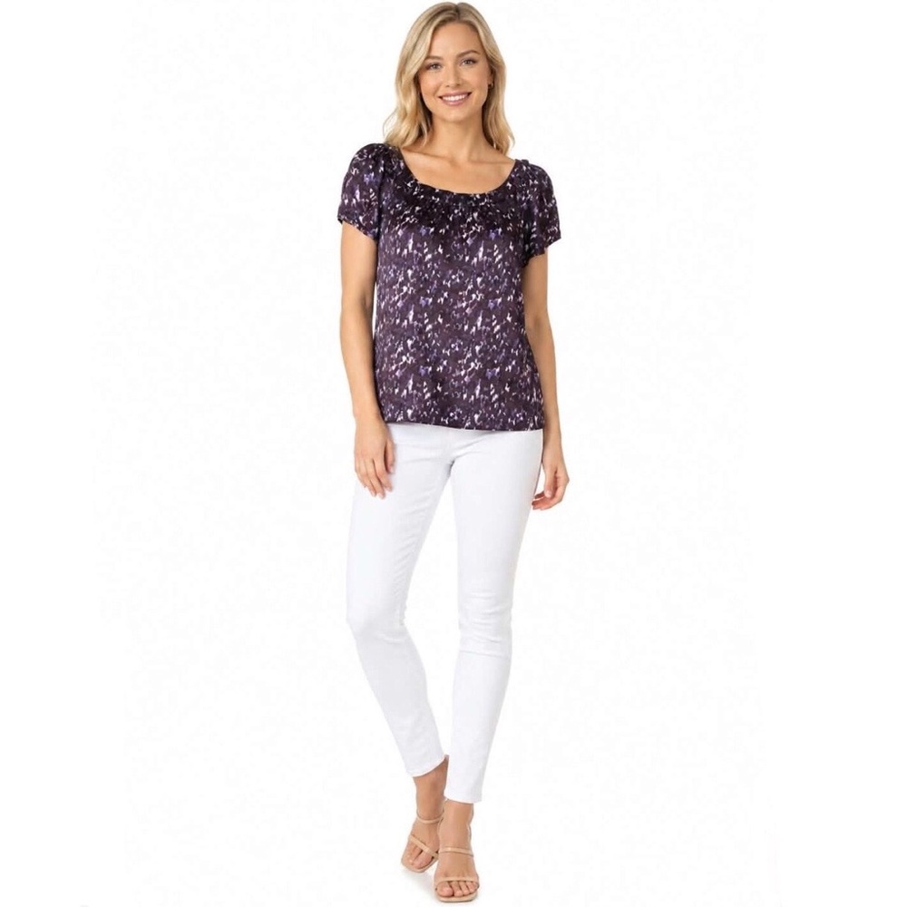 Loft Purple Geometric Watercolor Print Tulip Sleeve Silky Top Size Small